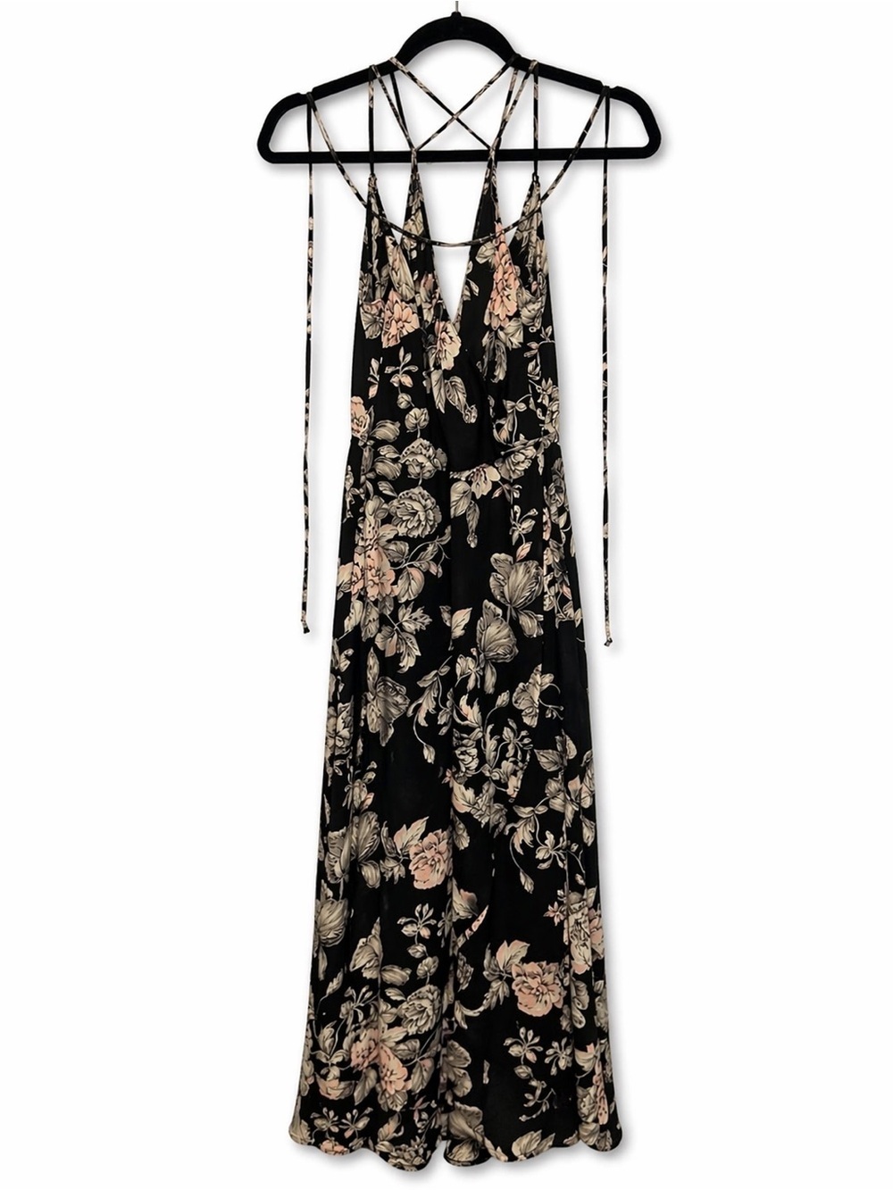 ASTR Floral Maxi Dress Strappy Open Back Black Pink Small Flowy Whimsy Goth